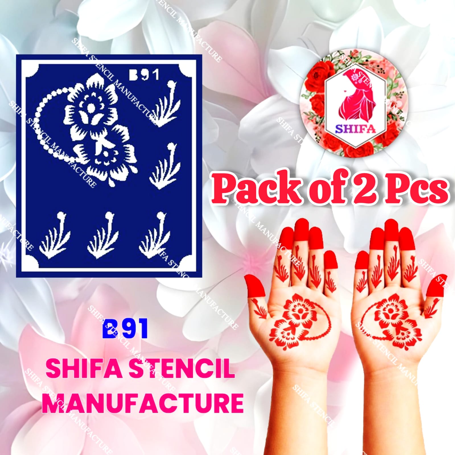 B91 (age 5 to 10) Cute Kids Flower Stencil Design Double Hand Henna Stencil - Shifa Stencil